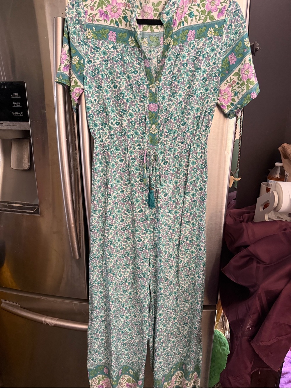 Green & Pink Floral Short-Sleeve V-Neck Jumpsuit